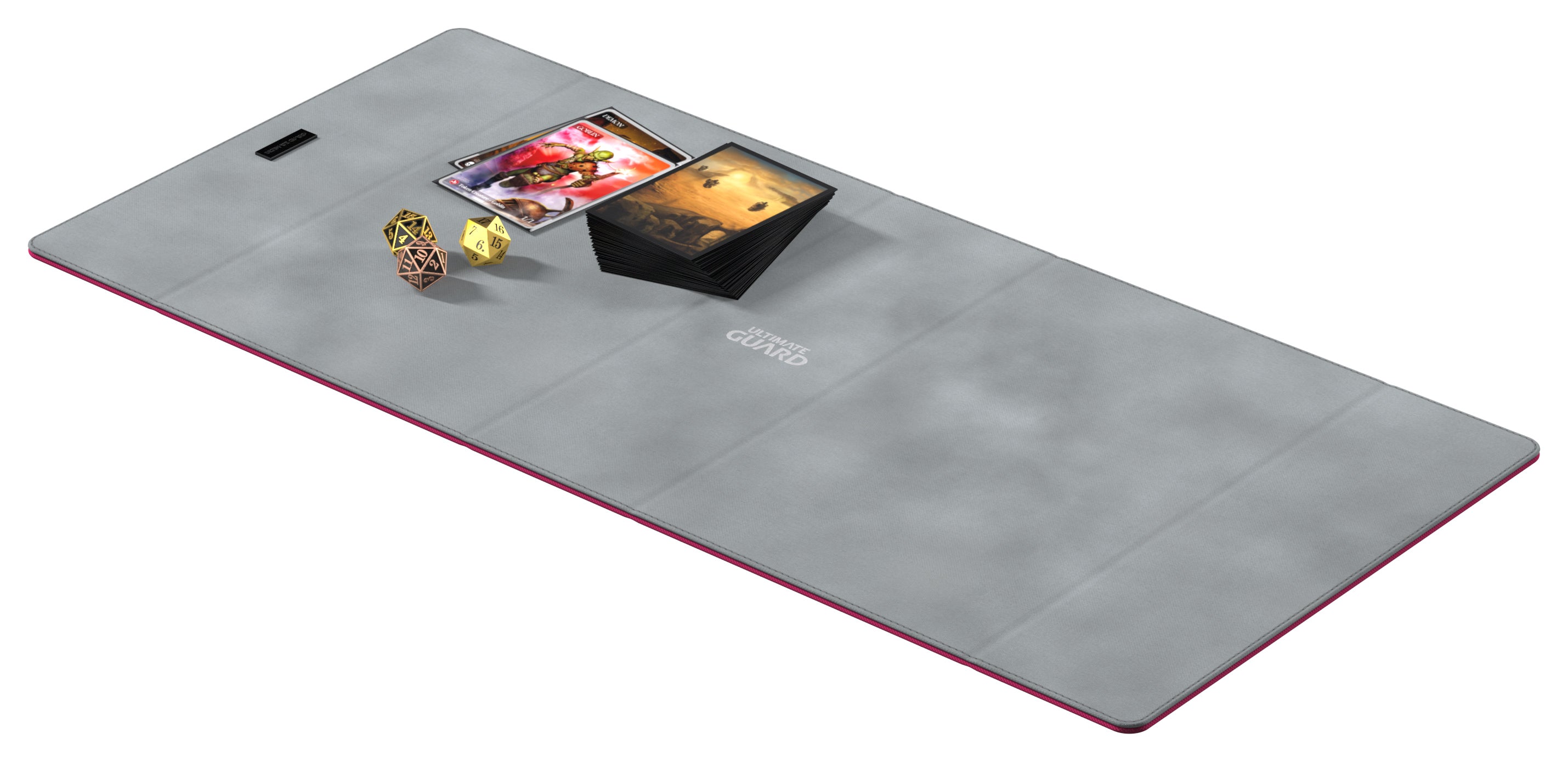 Ultimate Guard Deck Case Smarthive 400+ - Pink - Gray deck playmat with pink edges featuring small card deck case and game accessories on top.