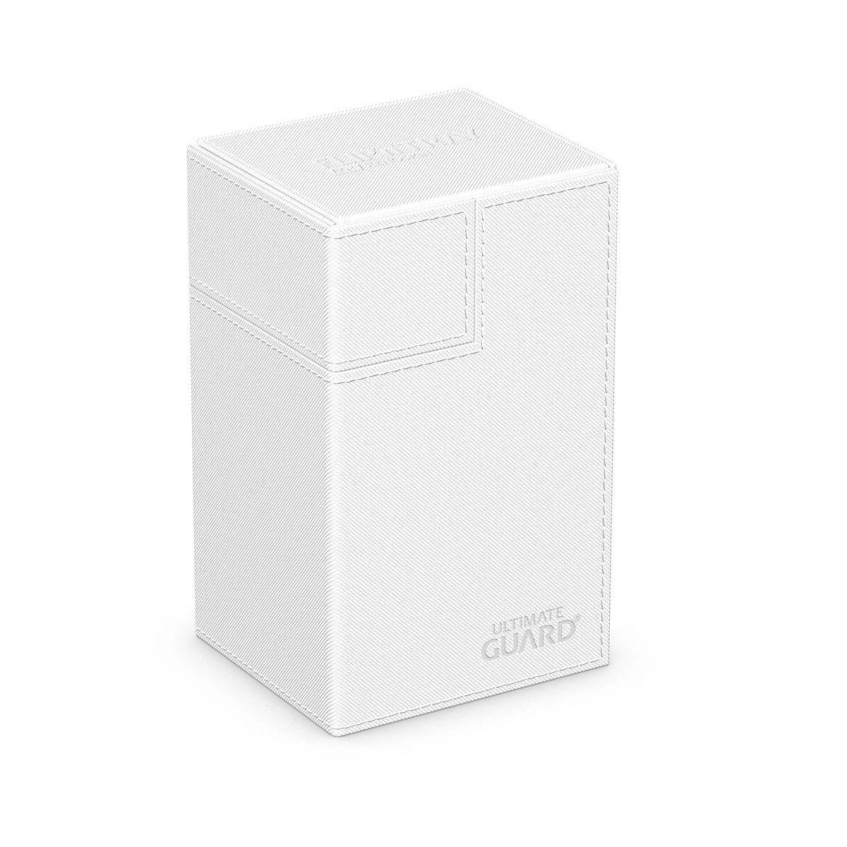 Ultimate Guard Flip 'N' Tray 80 - White - White rectangular card deck box with flip tray and embossed Ultimate Guard logo on front.