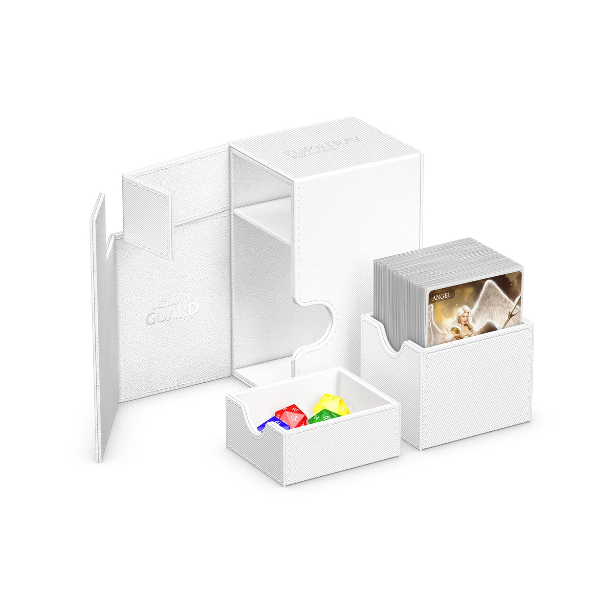 Ultimate Guard Flip 'N' Tray 80 - White - White plastic deck box with removable tray and separate card storage compartment, opened display.