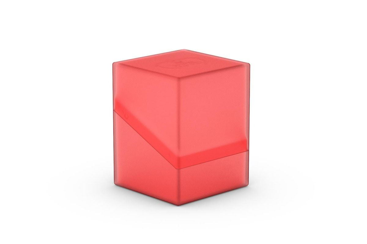 Ultimate Guard Boulder 100+ Deck Case - Ruby - Ruby red translucent plastic deck case with a cubic shape and hinged lid.