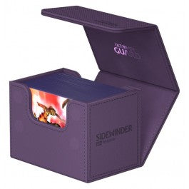 Ultimate Guard 80+ Sidewinder Monocolor Purple - Purple Ultimate Guard Sidewinder card deck box with open lid and card slot window displaying a card design.