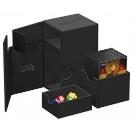 Ultimate Guard Flip 'N' Tray 80 - Black - Black plastic Ultimate Guard Flip 'N' Tray 80 deck box with removable tray holding dice and cards in main compartment.