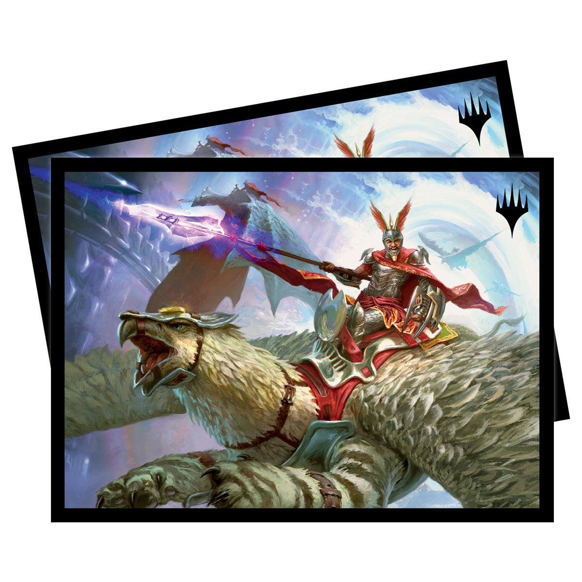 Ultra Pro Sleeves - MTG March of the Machine B - The Gathering card sleeves featuring an armored warrior riding a large saber-toothed tiger with a sword, fantasy art design.