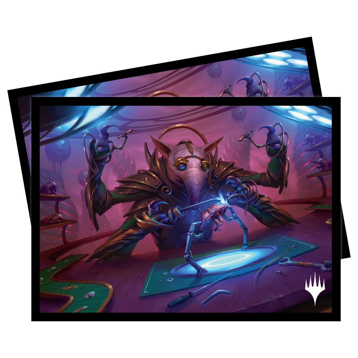 Ultra Pro Sleeves - MTG March of the Machine E - The Gathering card sleeves featuring a robotic insect creature with glowing blue highlights and a dark purple background.