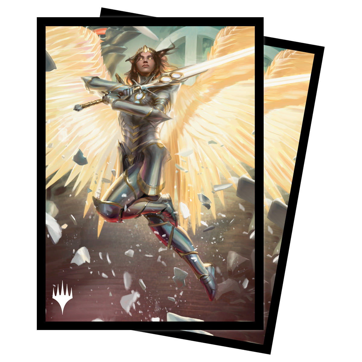 Ultra Pro Sleeves - MTG March of the Machine V1 - Magic card sleeves featuring armored angel with glowing golden wings and shattered stone background.
