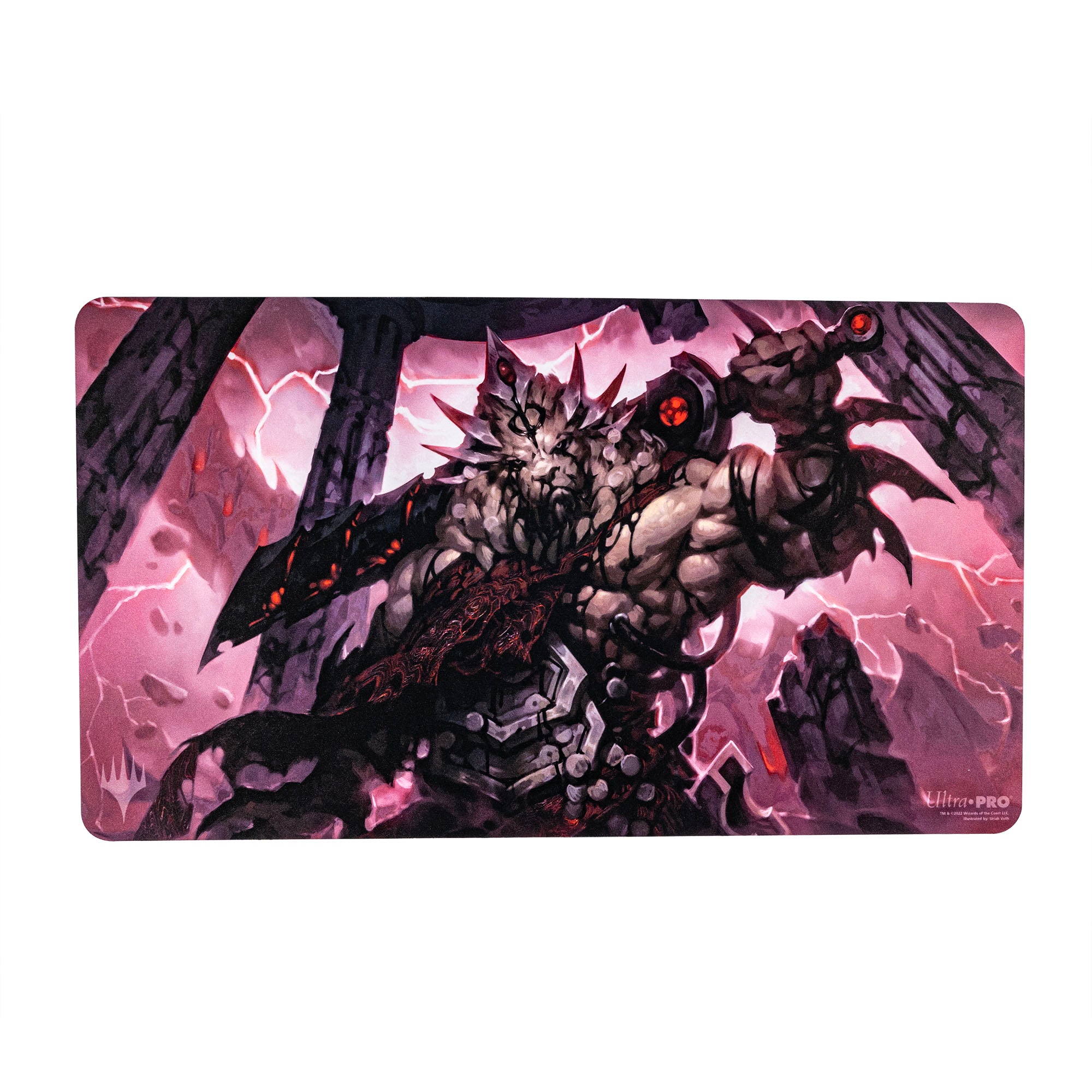 Ultra Pro Playmat - MTG March of the Machine A - Dark armored robotic warrior with glowing red eyes and blades, set against a stormy pink sky playmat.