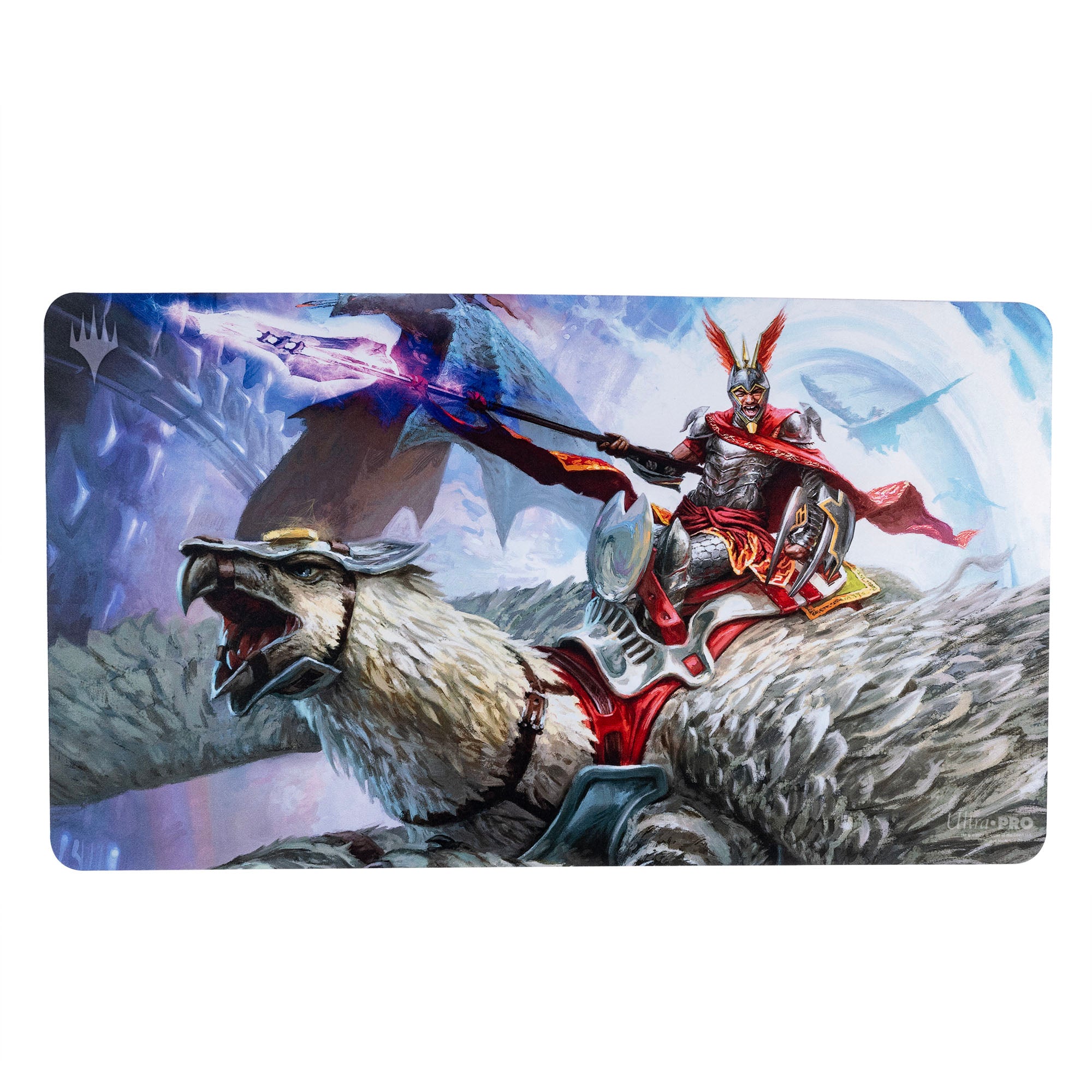 Ultra Pro Playmat - MTG March of the Machine B - Gaming playmat featuring armored warrior riding a large wolf with a futuristic city background.