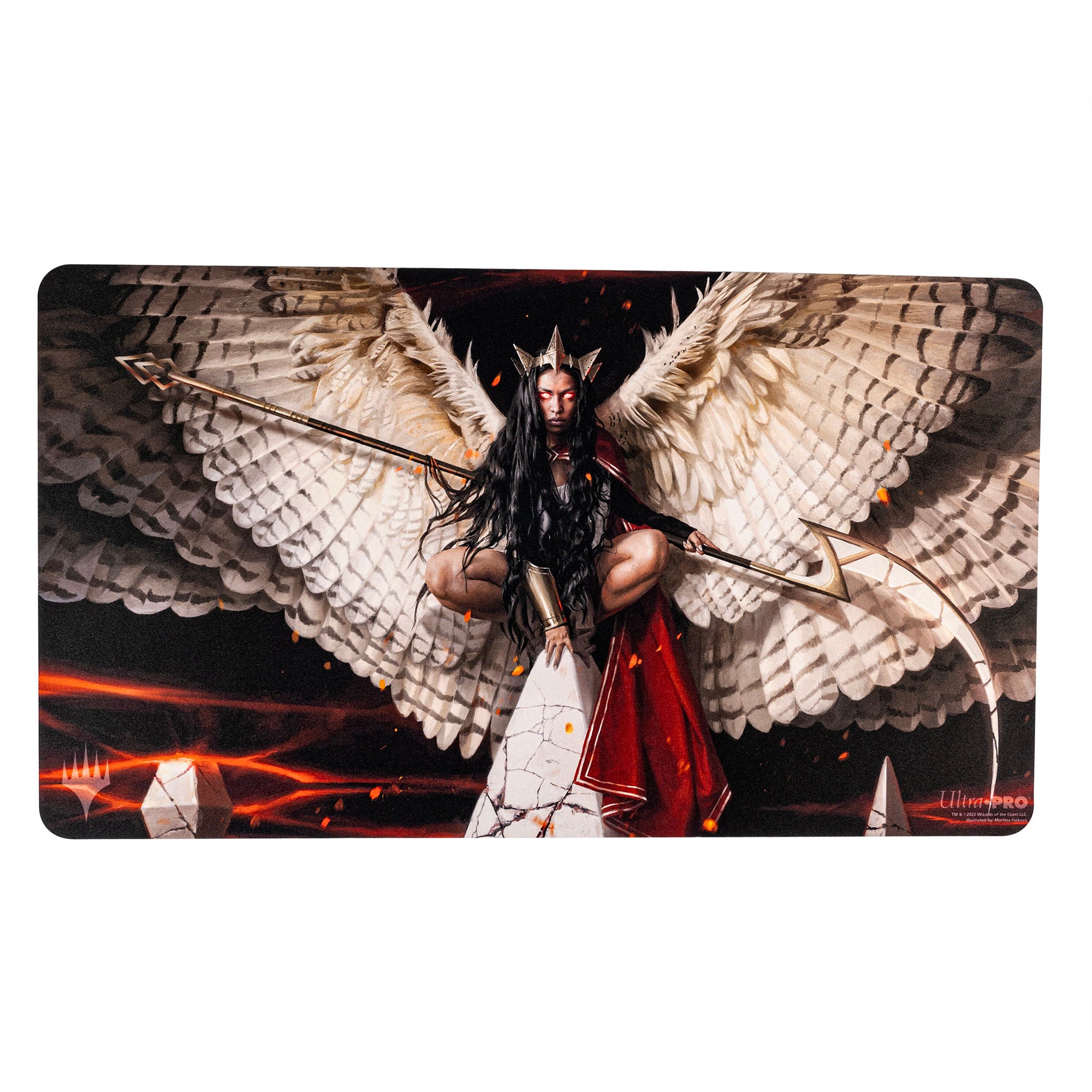 Ultra Pro Playmat - MTG March of the Machine D - Fantasy-themed playmat featuring a winged warrior woman in dark armor with a spear, dramatic red and black tones.