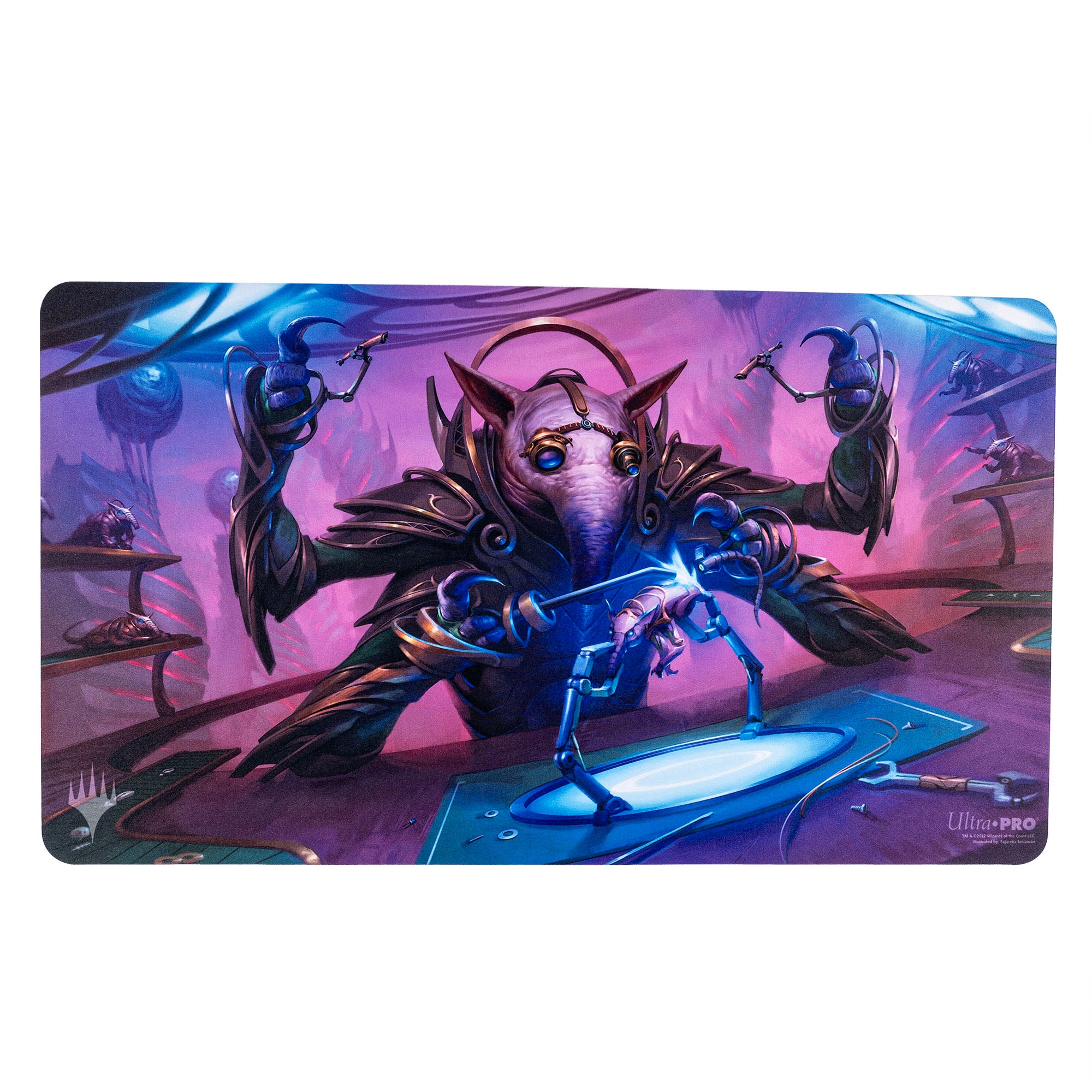 Ultra Pro Playmat - MTG March of the Machine E - MTG March of the Machine playmat featuring a robotic creature with glowing blue eyes and mechanical arms on a purple and.