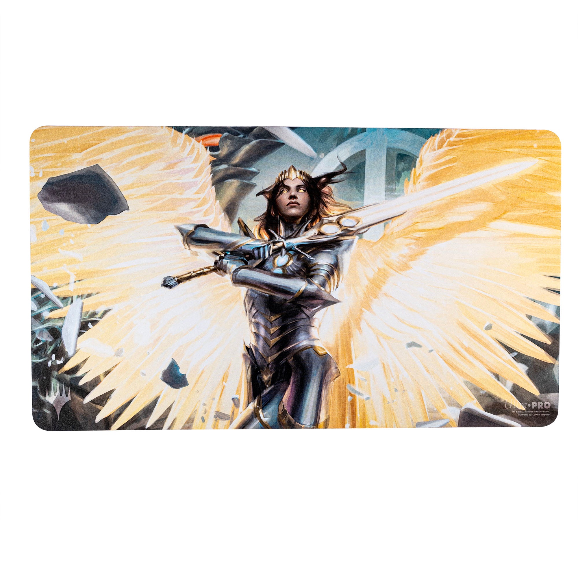 Ultra Pro Playmat - MTG March of the Machine V1 - Magic the Gathering playmat featuring an armored angelic figure with glowing white wings and a large sword.