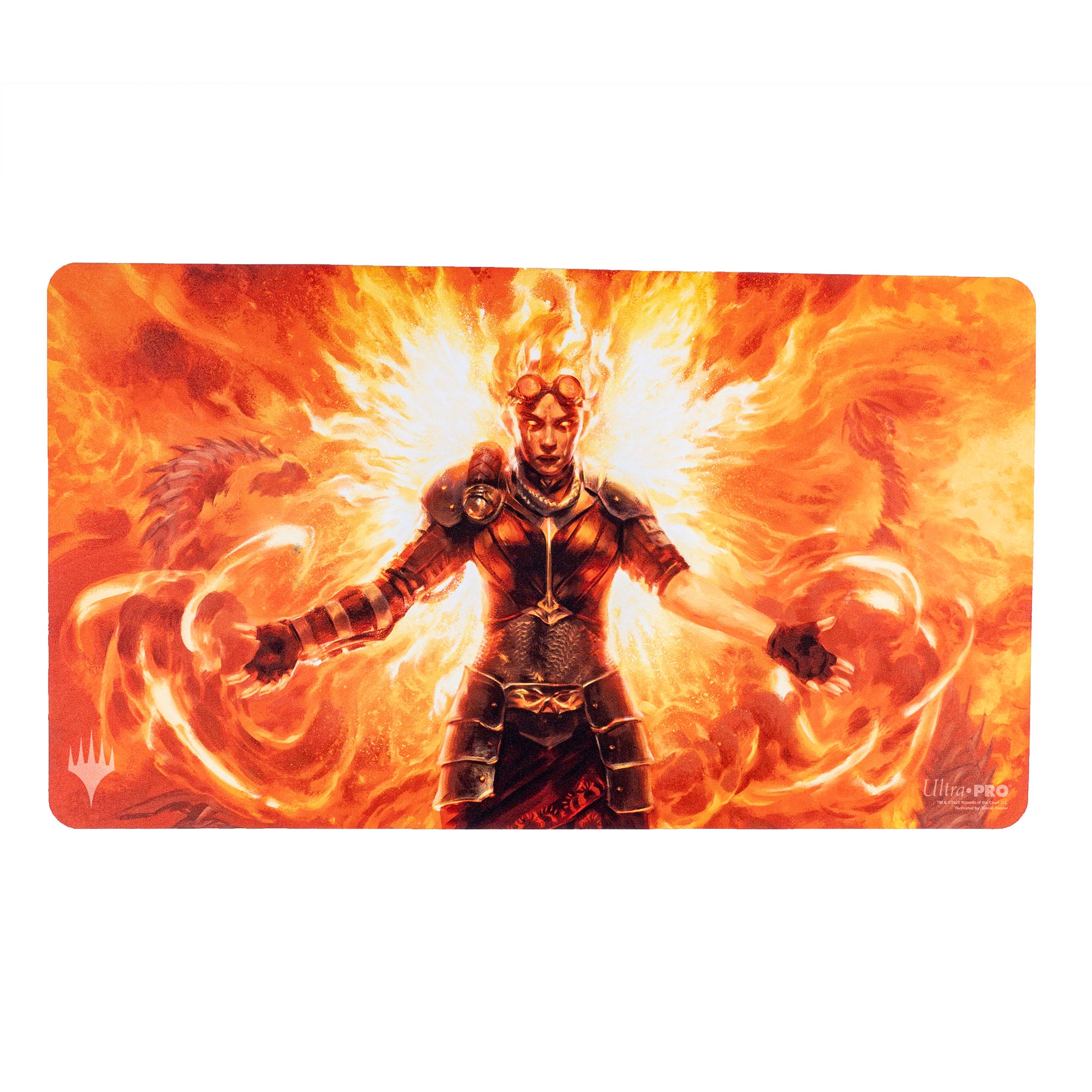 Ultra Pro Playmat - MTG March of the Machine V2 - Magic the Gathering playmat featuring fiery armored warrior with glowing hands surrounded by flames on orange background.