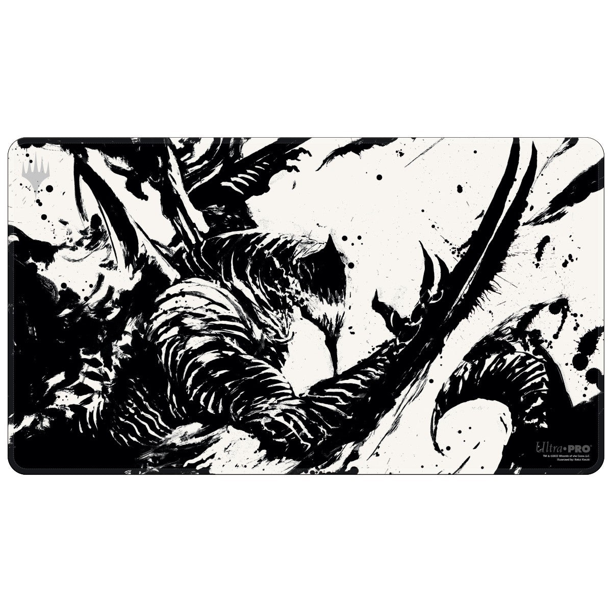 Ultra Pro Playmat - MTG March of the Machine V4 - Black and white fantasy battle scene playmat featuring armored warriors and dragons in dynamic poses.