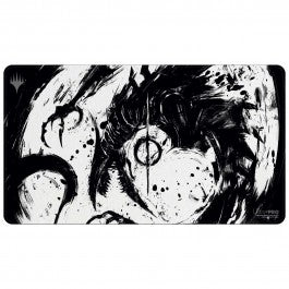 Ultra Pro Black Stitched Playmat - MTG March of the Machine Y - Black and white playmat with abstract swirling ink design and Ultra Pro logo in corner.
