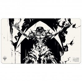 Ultra Pro Black Stitched Playmat - MTG March of the Machine Z - Black and white playmat featuring a detailed armored figure with outstretched arms and abstract background elements.