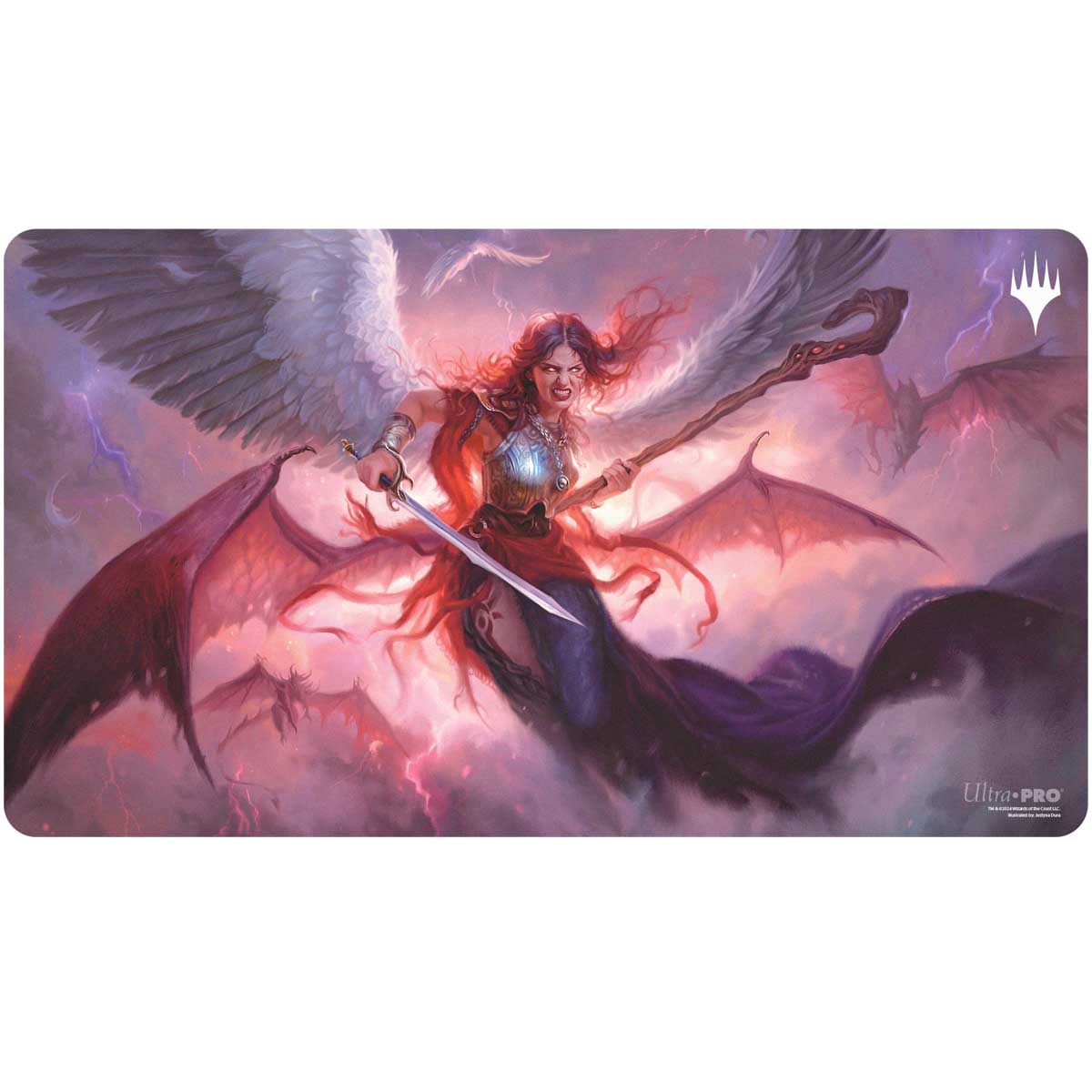Playmat: Magic the Gathering: Modern Horizons 3: Kaalia of the Vast. Depicts Kaalia and both sets of wings. One feathered, the other draconic. She hovers in the air; battle ready and poised to strike