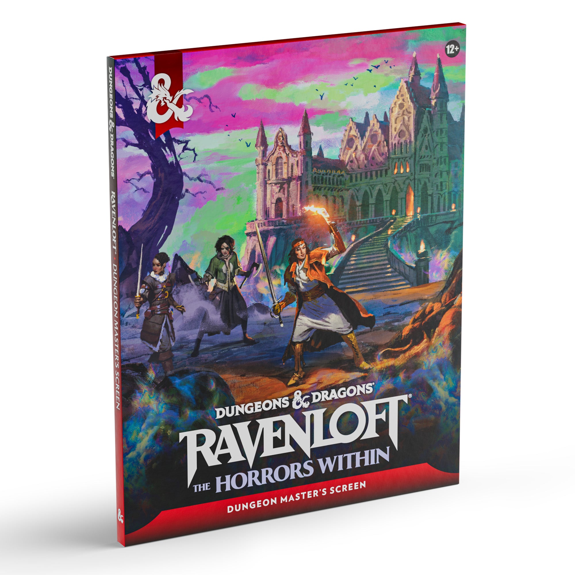Dungeons & Dragons: Ravenloft - The Horrors Within Dungeon Masters Screen (PREORDER) - Folded Dungeons & Dragons Ravenloft Dungeon Masters Screen featuring dark castle, adventurers, and purple-green eerie sky.