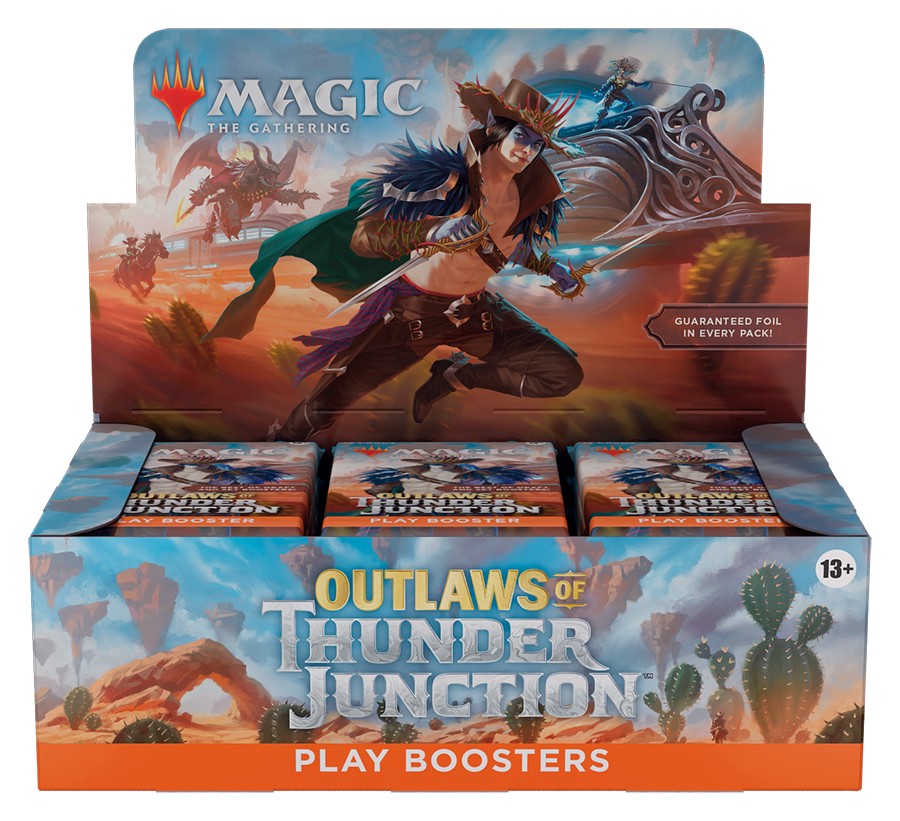 Magic: The Gathering - Outlaws of Thunder Junction Play Booster Box - The Gathering Outlaws of Thunder Junction Play Boosters with colorful fantasy artwork of a warrior and desert background.