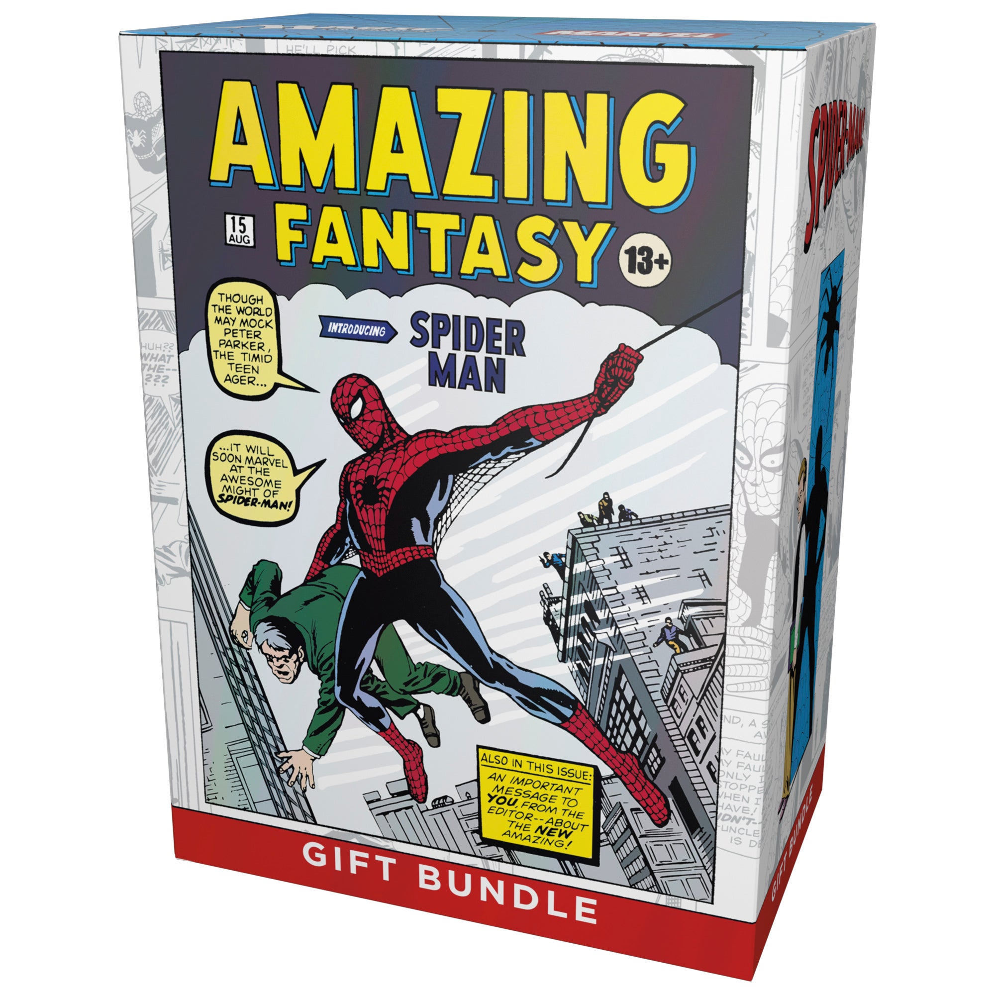 Magic: The Gathering - Marvel's Spider-Man - Gift Bundle - The Gathering Marvel's Spider-Man gift bundle with Spider-Man swinging on a comic-style box in red, blue, and yellow colors.