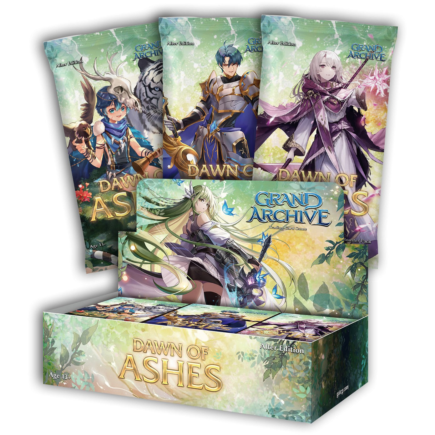 Grand Archive - Dawn of Ashes - Booster Box (Alter Edition) - Grand Archive Dawn of Ashes Alter Edition booster box with three illustrated card packs featuring fantasy characters.