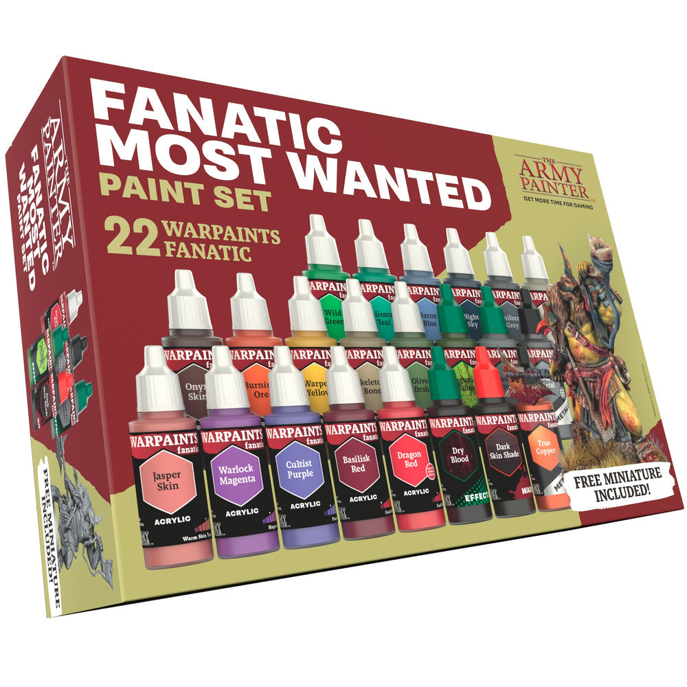 Warpaint: Fanatic Most Wanted Paint Set - Set of 22 acrylic paint bottles in varied colors with white dropper caps, displayed in red and yellow box labeled Fanatic.