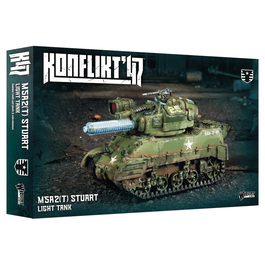Konflikt '47: M5A2(T) Stuart Light Tank (PREORDER) - Green military M5A2(T) Stuart light tank model with white star insignia and chainsaw turret weapon on box art.