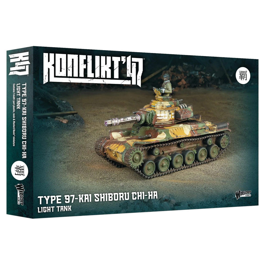 Konflikt '47: Type 97-Kai Shiboru Chi-Ha Light Tank - Boxed model kit of a camouflaged Japanese Type 97-Kai Shiboru Chi-Ha light tank with turret and detailed tracks.