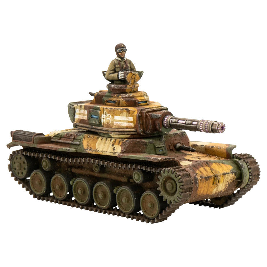 Konflikt '47: Type 97-Kai Shiboru Chi-Ha Light Tank - Camouflaged brown and green Type 97-Kai Shiboru Chi-Ha light tank model with detailed turret and figure on top, tracked.