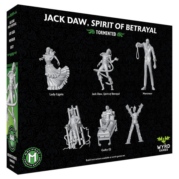 Malifaux 4th Edition: Jack Daw, Spirit of Betrayal (PREORDER) - Black box with white text featuring six detailed grayscale miniature figures from Malifaux 4th Edition, including Jack Daw.