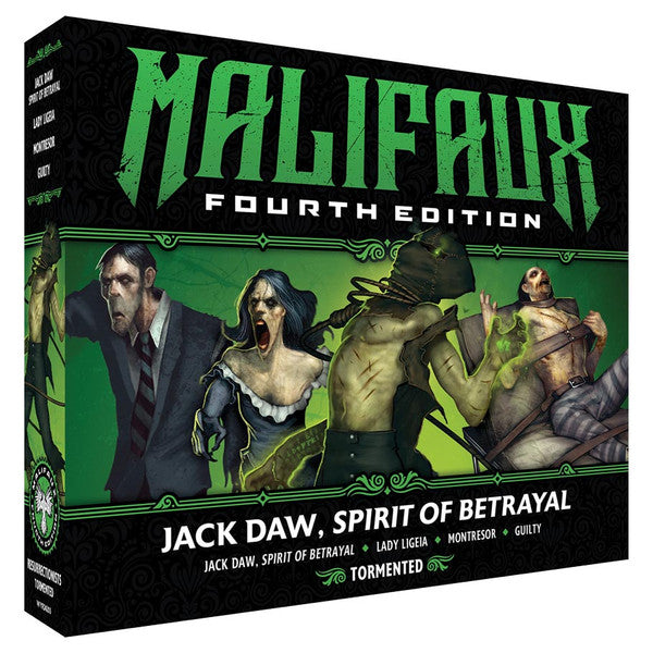 Malifaux 4th Edition: Jack Daw, Spirit of Betrayal (PREORDER) - Malifaux Fourth Edition game box featuring dark green and black design with illustrated characters in vintage horror style.