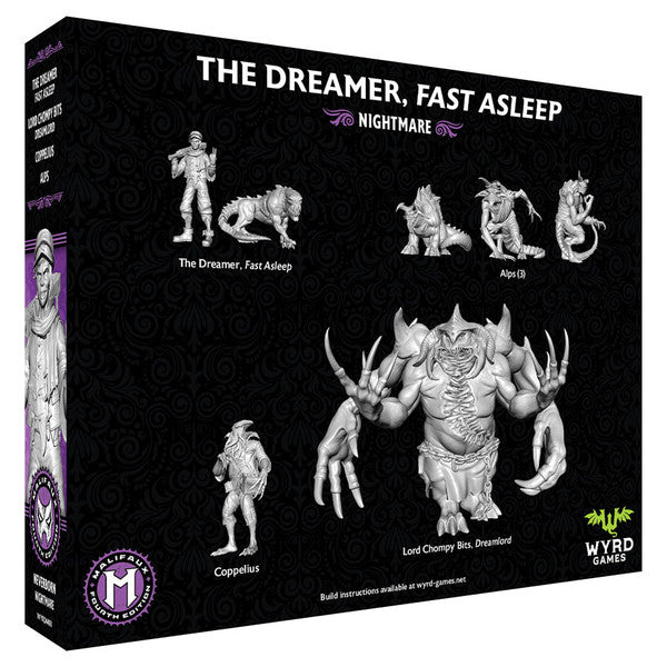 Malifaux 4th Edition: The Dreamer, Fast Asleep - A standing humanoid with outstretched arms, a crouched creature, a horned beast, and a large armored monster with claws.