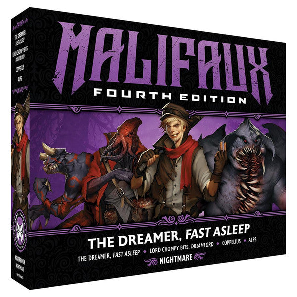 Malifaux 4th Edition: The Dreamer, Fast Asleep - Boxed set for Malifaux Fourth Edition featuring detailed character miniatures with dark fantasy artwork and purple-themed.