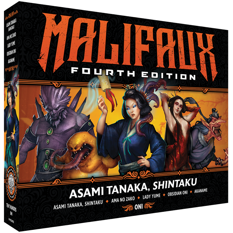 Malifaux 4th Edition: Asami Tanaka, Shintaku (PREORDER) - Malifaux Fourth Edition box featuring Asami Tanaka and Shintaku characters with dark fantasy artwork and orange logo on.
