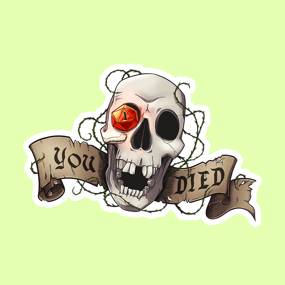 A sticker with a skull design, featuring an eye and a letter, surrounded by a wavy, dark line pattern. The sticker has a white background and is designed for use on laptops, journals, or water bottles.