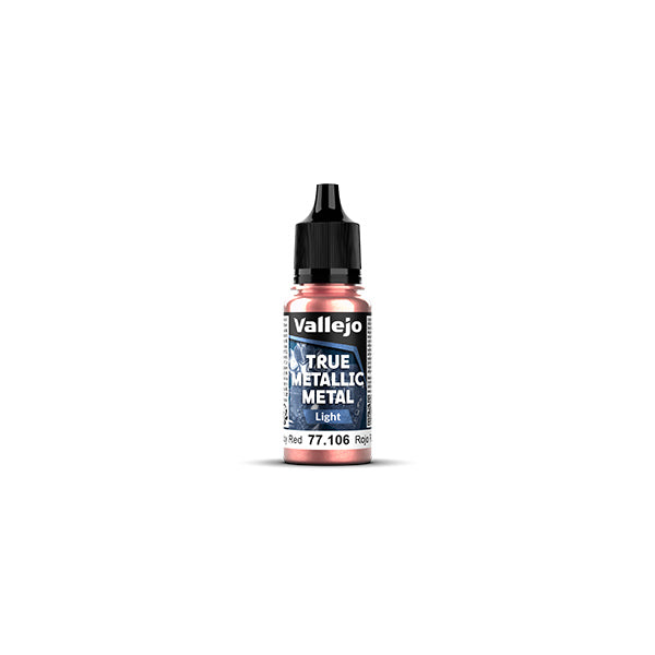 Vallejo True Metallic Metal Light: Ruby Red (18ml) - Small plastic dropper bottle of Vallejo True Metallic Metal paint in shiny ruby red, 18ml capacity with black cap and label.