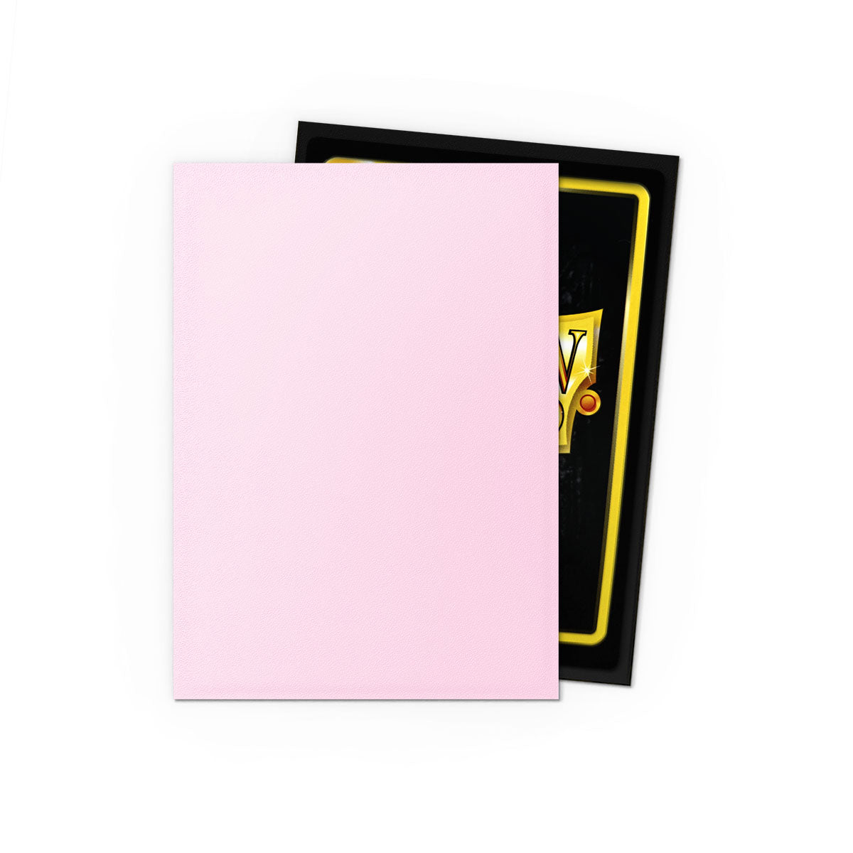 Dragon Shield Dual Sleeves 100ct Box - Matte Blossom - Matte light pink card sleeve over black sleeve with yellow-bordered card inside.