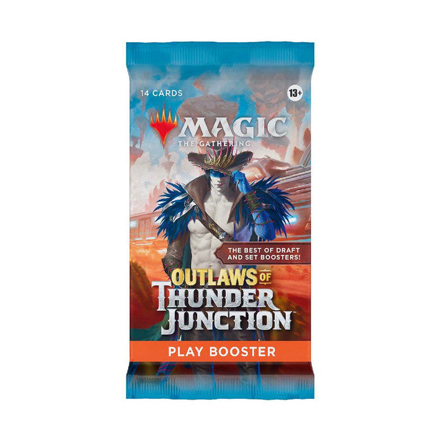 Magic: The Gathering - Outlaws of Thunder Junction Play Booster - The Gathering Outlaws of Thunder Junction play booster pack with blue and orange packaging featuring a warrior character in.