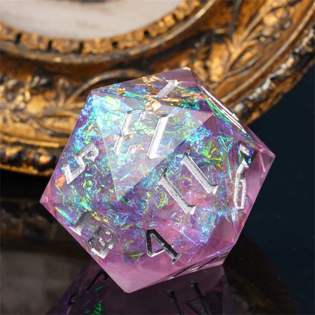 33mm Opal Shimmer D20 - 33mm translucent pink d20 dice with iridescent opal shimmer and white etched numbers.