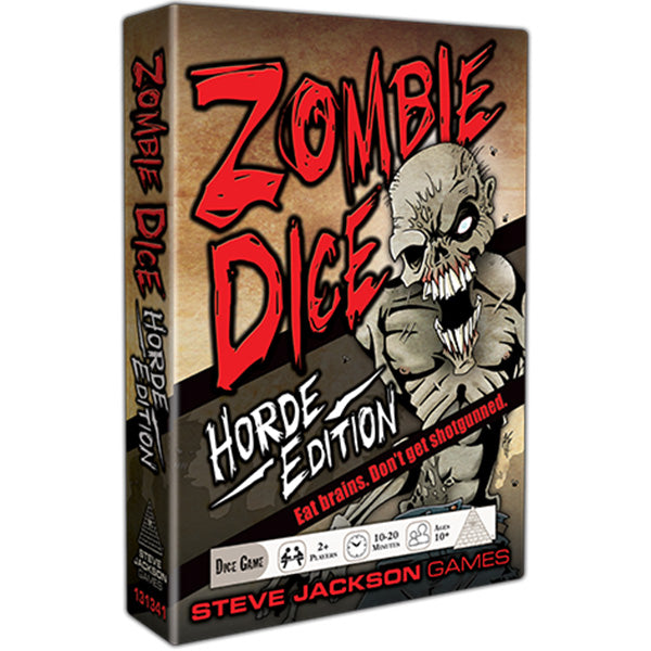 Zombie Dice: Horde Edition (PREORDER) - Horde Edition game box with red and white text, featuring a cartoon zombie holding dice on a brown background.