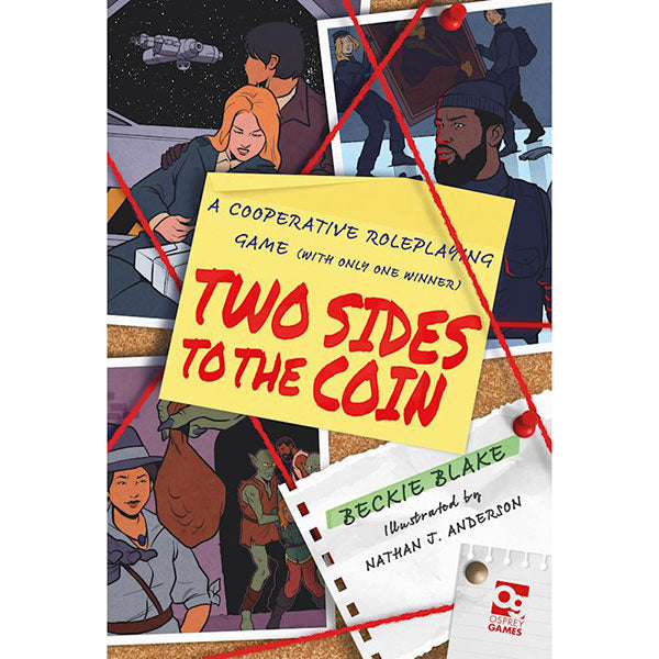 Two Sides to the Coin - Colorful game board with illustrated characters and red string connections, featuring bold yellow title card "Two Sides to.