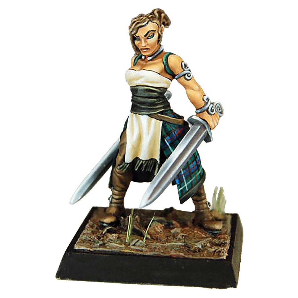 Female Barbarian (Unpainted) - Unpainted female barbarian miniature wielding two swords, wearing a tunic with leather boots and arm guards on a square base.