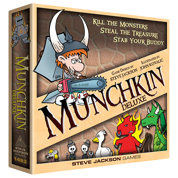 Munchkin Deluxe (PREORDER) - Munchkin Deluxe card game box featuring cartoon characters, including warrior with chainsaw, red devil, green dragon, and.