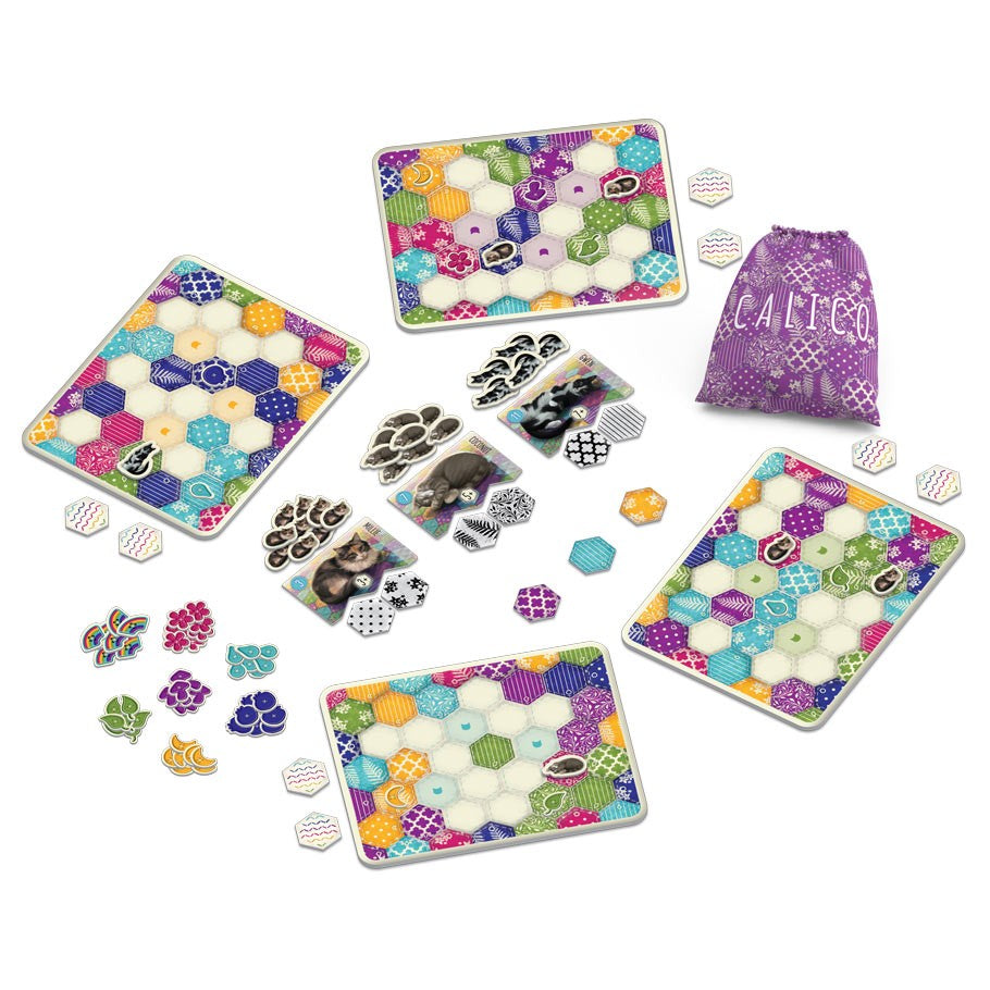 Calico - Calico board game with four hexagonal quilt boards, colorful hex tiles, cat tokens, and purple drawstring bag.