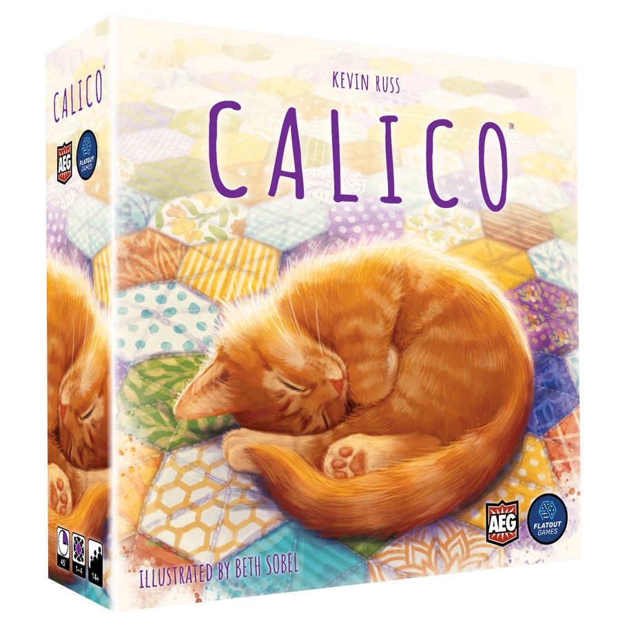 Calico - Calico board game box featuring a curled orange cat on a colorful patchwork quilt background.
