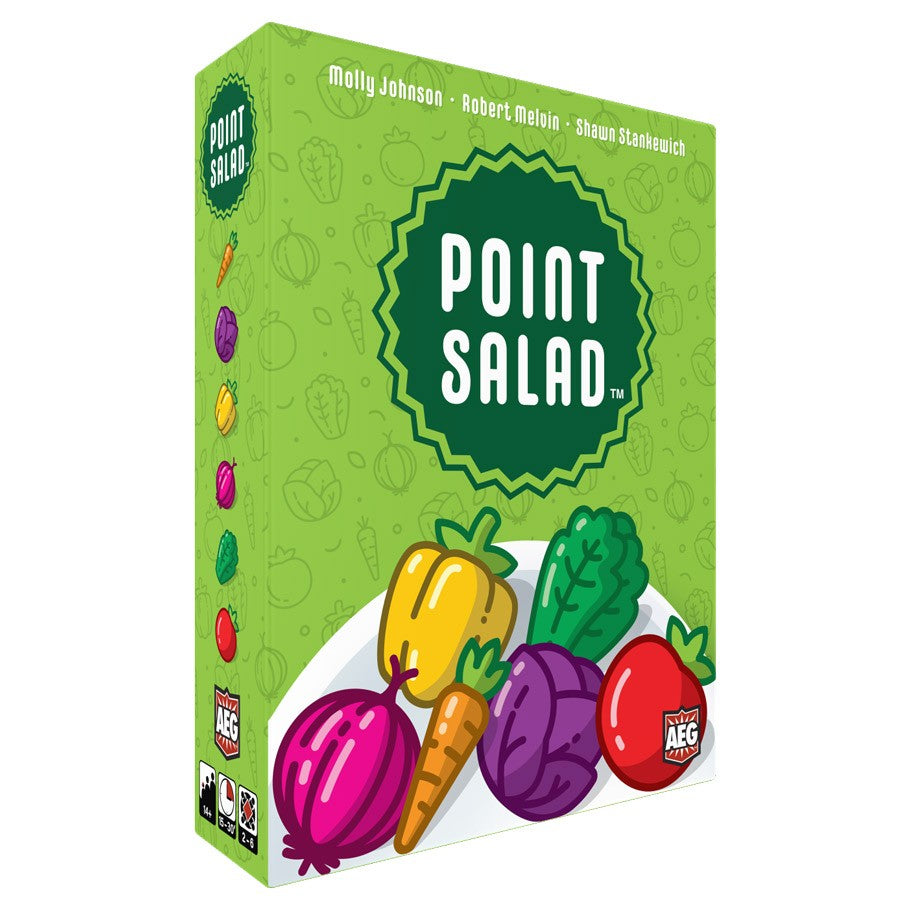 Point Salad - Point Salad card game box with colorful vegetable illustrations on bright green background.