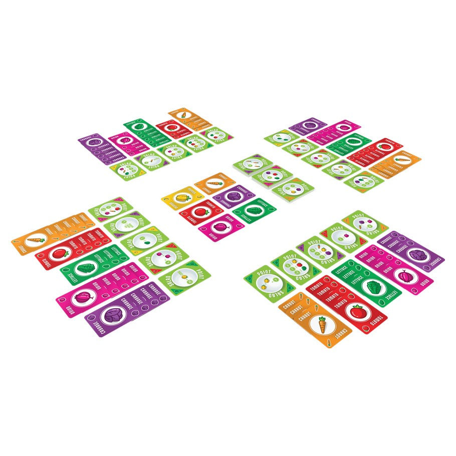 Point Salad - Colorful Point Salad card game setup with numbered vegetable cards in green, orange, purple, and red arrangements.