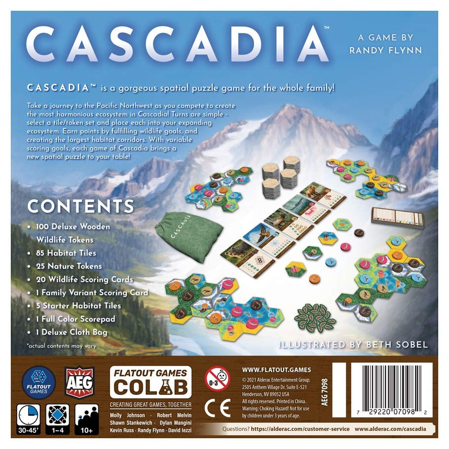 Cascadia - Cascadia board game setup with hexagonal habitat tiles, animal tokens, score cards, rulebook, and game bags on blue.