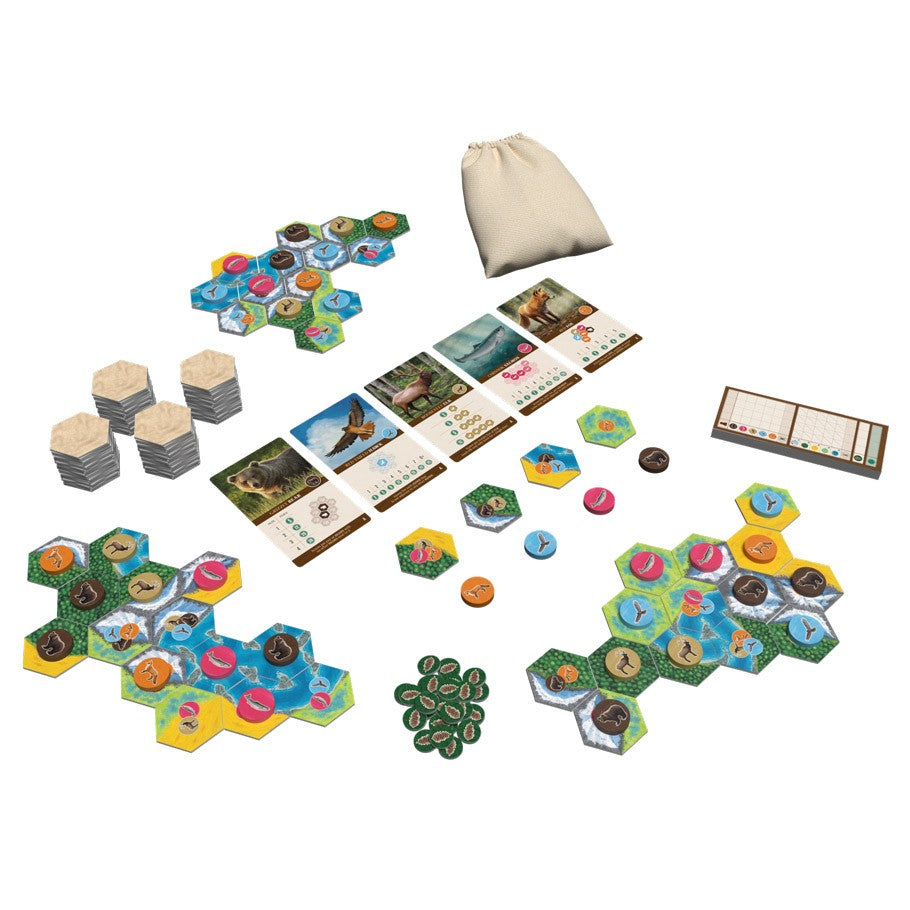 Cascadia - Cascadia board game setup with hexagonal tiles, animal tokens, scoring cards, wooden habitat pieces, and cloth draw bag.