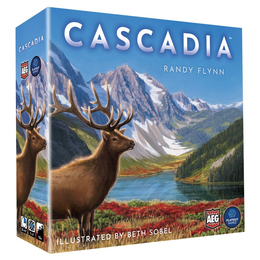 Cascadia - Board game box for Cascadia featuring a scenic mountain landscape with a large elk in the foreground.