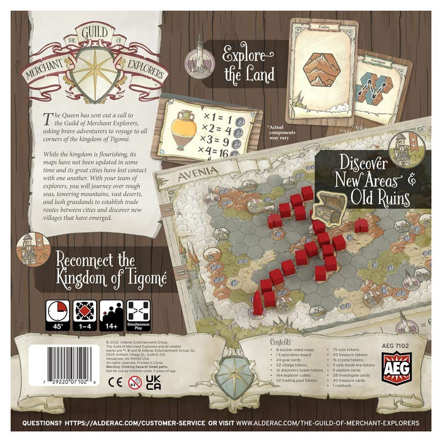 The Guild of Merchant Explorers - Board game box featuring a detailed map with red wooden cubes, game cards, and an illustrated pirate-themed design with.