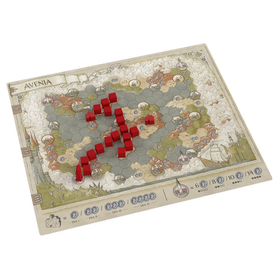 The Guild of Merchant Explorers - The Guild of Merchant Explorers game board with map design and red wooden cube markers arranged on it.